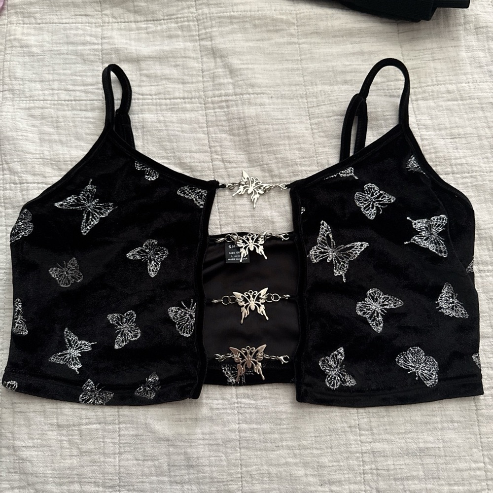 SHEIN Black Butterfly Embellished Crop Top